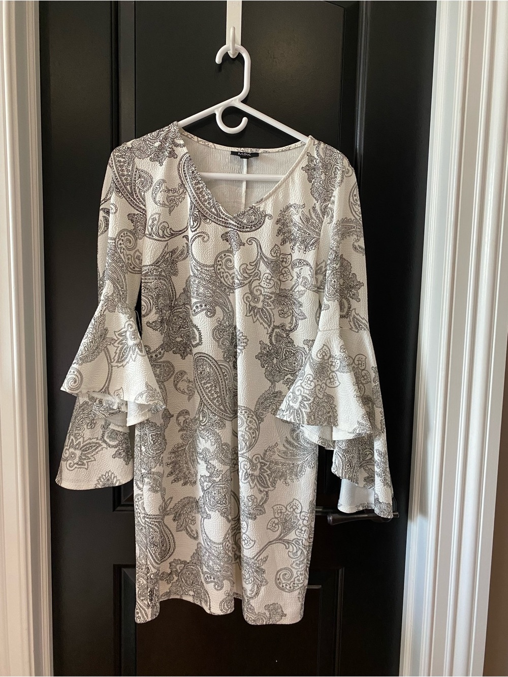 White With Black Paisley 3/4 Bell-Sleeve Dress